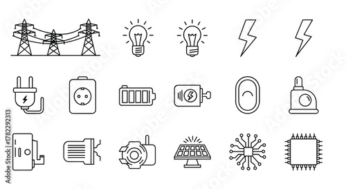 Set of electricity-themed line icons in a linear style, featuring electric power lines, light bulbs, lightning bolts, plugs, sockets, batteries, solar panels, and microchips, representing energy and