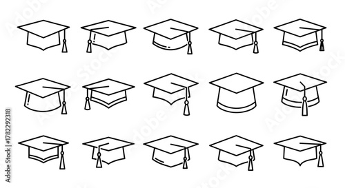 Collection of simple, isolated line icons representing academic square caps, perfect for educational websites, books, cards, and apps, featuring editable strokes and a clean cartoon illustration