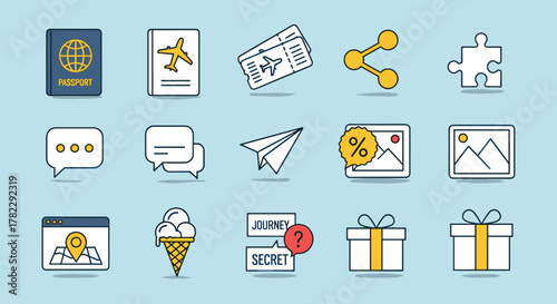 A vibrant collection of travel and communication icons, featuring a passport, airplane tickets, a puzzle piece, share icon, message bubbles, a paper airplane, discount bubble, photo frame, map