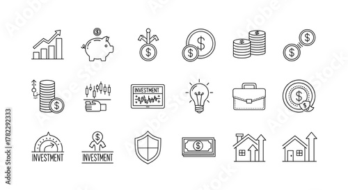 Collection of investment and finance line icons, including a growing bar chart, piggy bank, stacks of coins, candlestick chart, lightbulb, briefcase, shield, dollar bills, and houses with upward