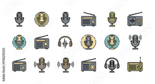 A collection of vintage-style microphones, radios, and headphones, presented as flat vector cartoon illustrations on a clean white background, perfect for podcasting, broadcasting, or music-related