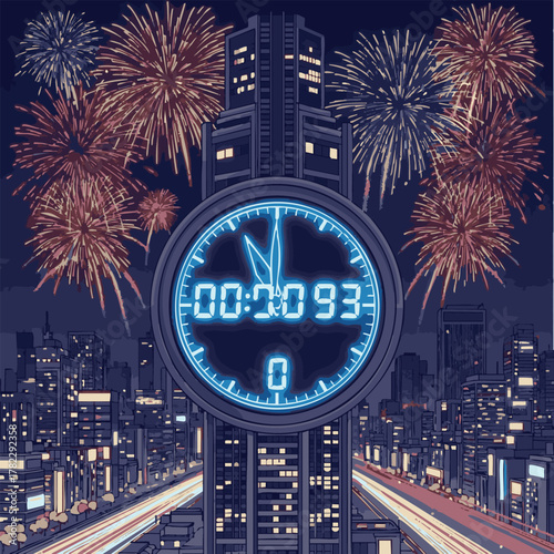 Dazzling New Year's Eve celebration with urban skyline, countdown clock, and spectacular fireworks display