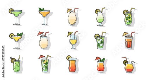 Collection of 15 vibrant, flat design cocktail illustrations with editable strokes, perfect for summer-themed infographics, articles, books, flyers, and banners, featuring tropical drinks with