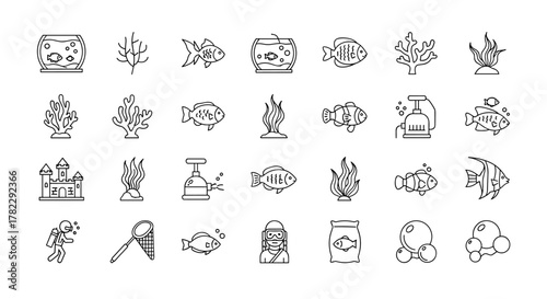 Collection of thin line icons representing various aquarium elements, including fish, coral, seaweed, castles, divers, nets, and bubbles, perfect for web, books, cards, and app designs, presented as