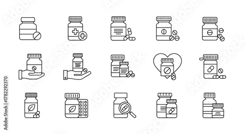 Collection of line icons representing various aspects of medicine and healthcare, including pill bottles, capsules, tablets, and medical symbols, suitable for web, apps, and print design, with