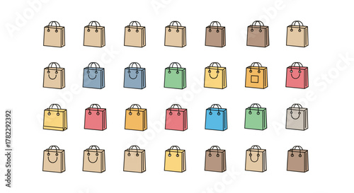 Collection of 28 minimalist, flat-design shopping bag icons in various vibrant colors and shades, including beige, blue, green, yellow, pink, and brown, presented in a clean, organized grid layout