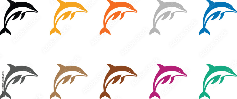 Obraz premium Colorful dolphin silhouettes on white background, Vibrant sea life silhouette collection