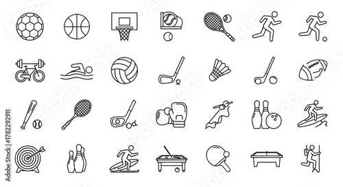 Collection of diverse sports and activities line icons, including soccer, basketball, tennis, golf, swimming, cycling, boxing, baseball, bowling, surfing, and more, presented as editable stroke
