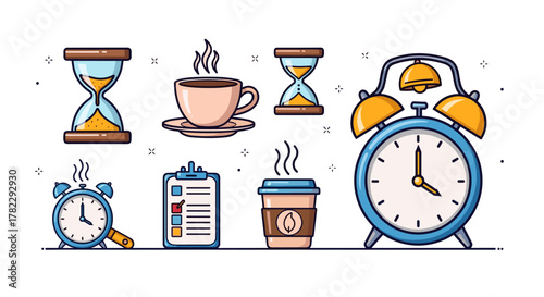 Vibrant cartoon illustration of a time icon pack featuring a classic hourglass, a steaming cup of coffee, a to-do list clipboard, a takeaway coffee cup, and two distinct alarm clocks, all on a clean
