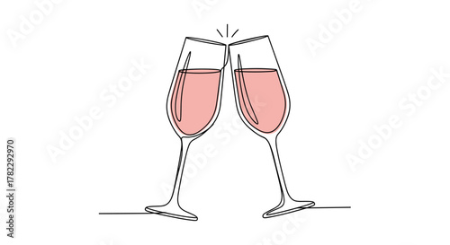 Minimalist line art illustration of two champagne glasses filled with pink liquid, clinking together in a celebratory toast, set against a clean white background, editable stroke, vector graphic