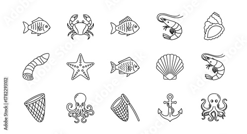 Collection of marine life icons in a clean, ordered line art style on a white background, featuring fish, crab, shrimp, shells, starfish, squid, anchor, net, and octopus, perfect for nautical and