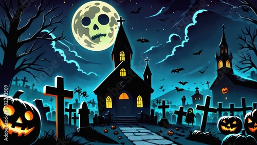Spooky Halloween Scene Featuring Full Moon Over Graveyard with Pumpkins and Bats in Night Sky