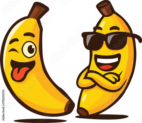 Two cheerful cartoon banana characters showing fun expressions one winking and sticking out its tongue, the other wearing sunglasses with a confident smile.