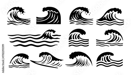 Wave shapes collection. Set of sea wave logo in black. Water wave icons collection editable vector