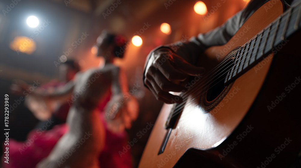 Fototapeta premium Traditional Spanish guitar and people dancing flamenco.