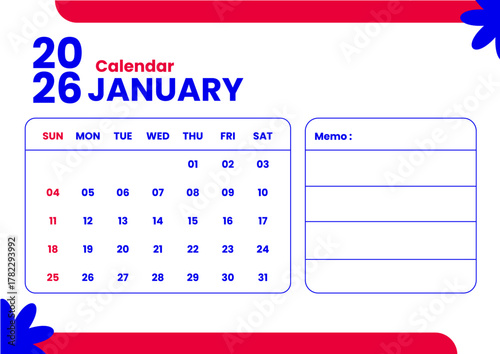 Minimalist 2026 calendar template, red and blue design with memo area. Perfect printable planner for work or personal use