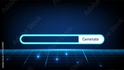High tech AI input bar with glowing neon effect on a dark digital grid, symbolizing innovation and machine learning