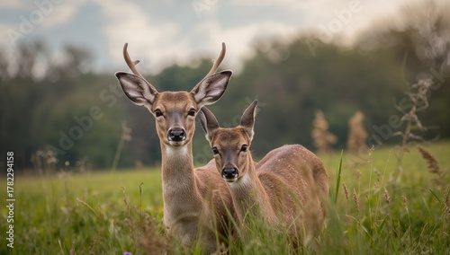 Pair of roe deer gazing at the camera in a meadow, wildlife observation