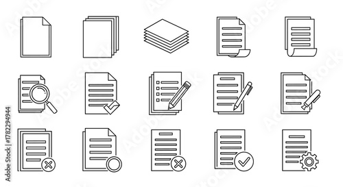 A collection of outline icons representing various document and paper-related actions and states, including blank pages, stacked papers, documents with checkmarks, cross marks, magnifying glasses