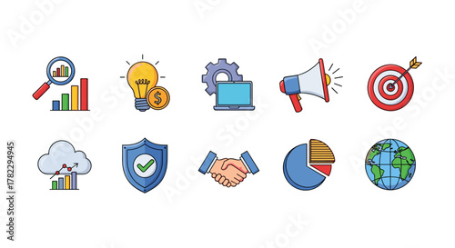 A vibrant and modern vector cartoon illustration set depicting digital marketing and business concepts, including SEO strategy, financial growth, idea generation, technology, advertising, goal