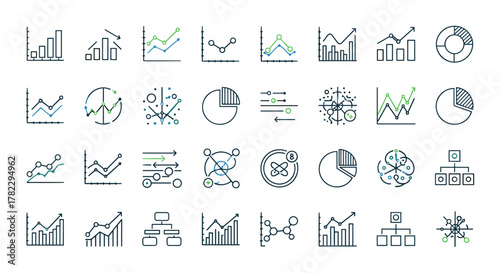 Collection of modern, high-quality, editable stroke, premium linear graph and chart icons for web, flyers, banners, and online shops, representing data visualization, analytics, and business growth