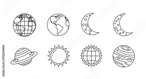 Collection of thin line icons representing celestial bodies and planets, including Earth, Moon, Sun, Saturn, and Jupiter, presented as outline signs for versatile graphic and web design applications