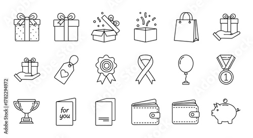 A collection of diverse line icons representing gifts, presents, and celebratory items, perfect for web design, books, cards, and apps. Includes editable stroke for versatile customization, suitable
