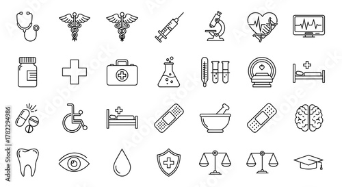 A comprehensive collection of clean, modern line icons representing health and medicine, including symbols like stethoscopes, caduceus, syringes, microscopes, DNA, ECG monitors, pills, first aid
