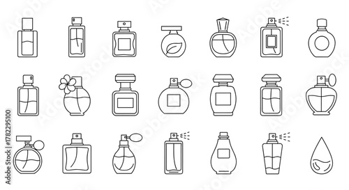 Collection of minimalistic linear outline icons representing various perfume bottles, featuring different shapes, spray mechanisms, and decorative elements like flowers and leaves, ideal for web and