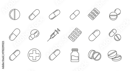 A collection of simple outline icons representing various pills, capsules, a syringe, and a medical cross, all on a clean white background. These line art graphics are ideal for web, apps, and