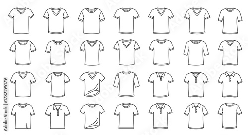 Collection of simple, linear outline t-shirt vector illustrations, featuring various necklines like crew neck and V-neck, short and three-quarter sleeves, and polo shirts with buttons, perfect for