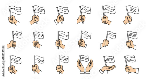 Collection of cartoon illustrations depicting hands holding and waving flags on a white background, symbolizing national pride, freedom, and unity, perfect for graphic design, apps, and conceptual