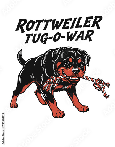 Rottweiler Tug-O-War. Playful rottweiler dog pulling rope toy vector t-shirt print design. Funny dog lover illustration for t shirt print, poster, sticker, background and other uses.