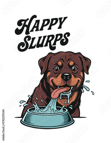 Happy Slurps. Smiling rottweiler with tongue out making a mess at the water bowl, cartoon vector artwork for t-shirt printing, posters, stickers, backgrounds and other design uses.