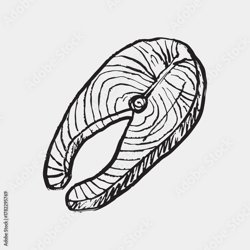 Hand drawn salmon steak with visible bone and muscle texture. Vector sketch illustration in vintage crayon charcoal style. Seafood, tasty delicious fish dinner