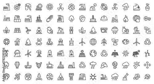 Vast collection of thin line icons representing industry and environmental themes, including factories, gears, wind turbines, solar panels, recycling symbols, water drops, and pollution clouds