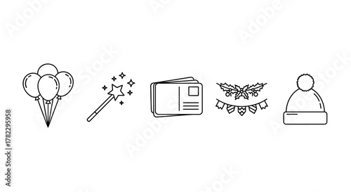 A collection of thin line icons suitable for various design projects, featuring a bunch of balloons, a magic wand with stars, a stack of postcards, a festive garland with holly and flags, and a cozy