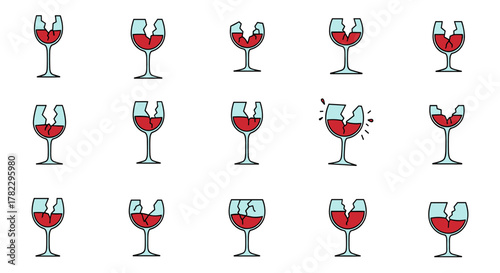 Set of 15 stylized vector illustrations of broken wine glasses filled with red liquid, isolated on a clean white background, representing concepts of loss, mistakes, or bad luck in a cartoonish
