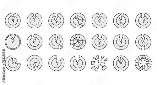 Collection of broken plate icons and symbols, isolated on a white background, representing damage, fragility, and accidents. This vector cartoon illustration set features various stages of breakage