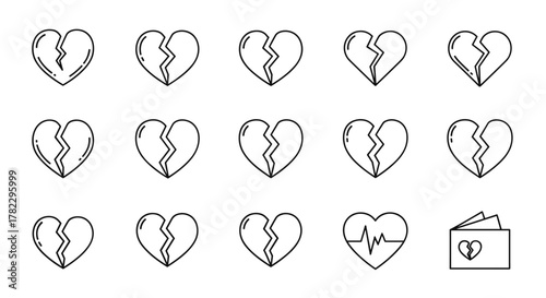 Collection of minimalistic linear pictograms representing broken hearts, symbolizing heartbreak, sadness, and relationship issues, suitable for web design, app icons, social media, and greeting