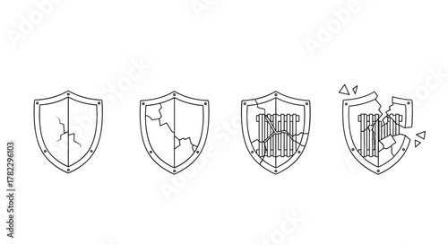 Set of four minimalistic vector illustrations of cracked shields, depicted with thin black lines on a white background, showcasing progressive stages of damage from minor cracks to complete