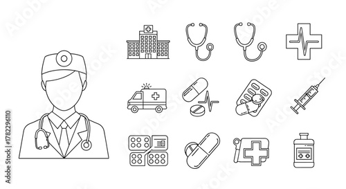Collection of medical outline icons for websites, apps, and infographics, featuring a doctor, hospital, stethoscope, ambulance, pills, syringe, and other healthcare symbols, presented as a clean