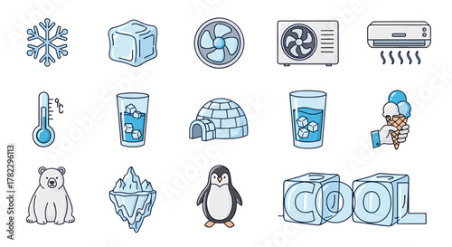 Collection of cool and refreshing icons, perfect for web, books, cards, and apps. Features include a snowflake, ice cube, fan, air conditioner, thermometer, glass of ice water, igloo, polar bear
