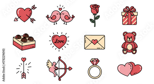 Collection of cute hand-drawn Valentine's Day icons and illustrations, perfect for social media ads and digital marketing, featuring hearts, love birds, roses, gifts, chocolates, envelopes, teddy