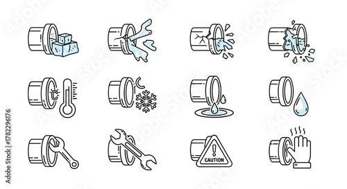 Set of outline icons representing frozen pipe issues and plumbing problems, including ice blocks, cracks, water leaks, temperature readings, snowflakes, repair tools, caution signs, and hot pipes