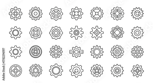 Collection of diverse line art icons representing gears and cogwheels, symbolizing mechanisms, industry, and engineering. These editable stroke vector graphics are perfect for infographics, articles
