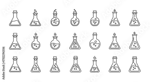 Collection of outline icons representing laboratory flasks, including Erlenmeyer, volumetric, and round-bottom flasks, some with bubbling liquids and steam, suitable for science, chemistry, and