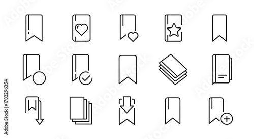 A collection of minimalist line art icons representing bookmarks and books, perfect for graphic design, app interfaces, and web elements. This set includes various styles like simple flags, books