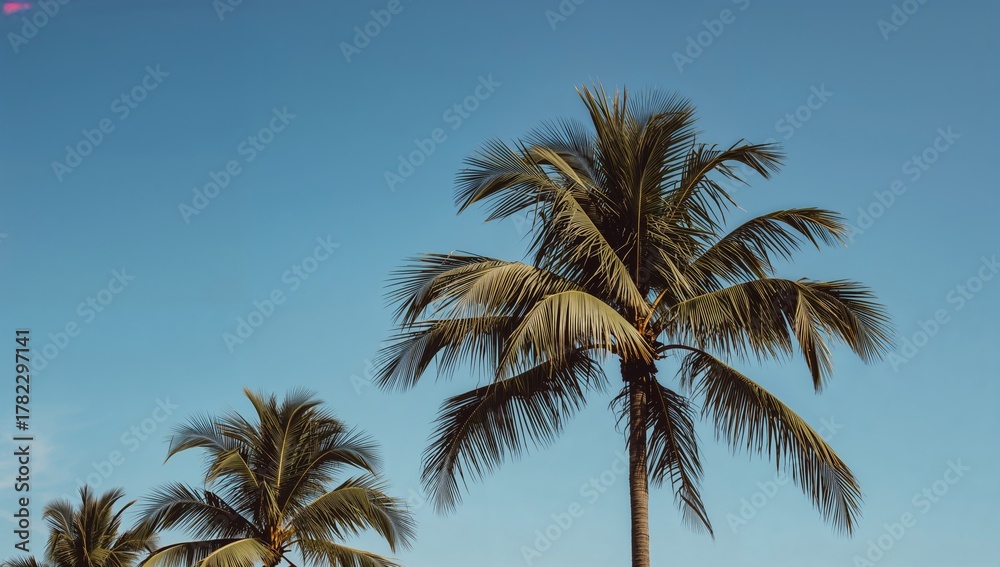 Obraz premium Summer getaway at a tropical beach, featuring palm trees and clear skies, focused on relaxation