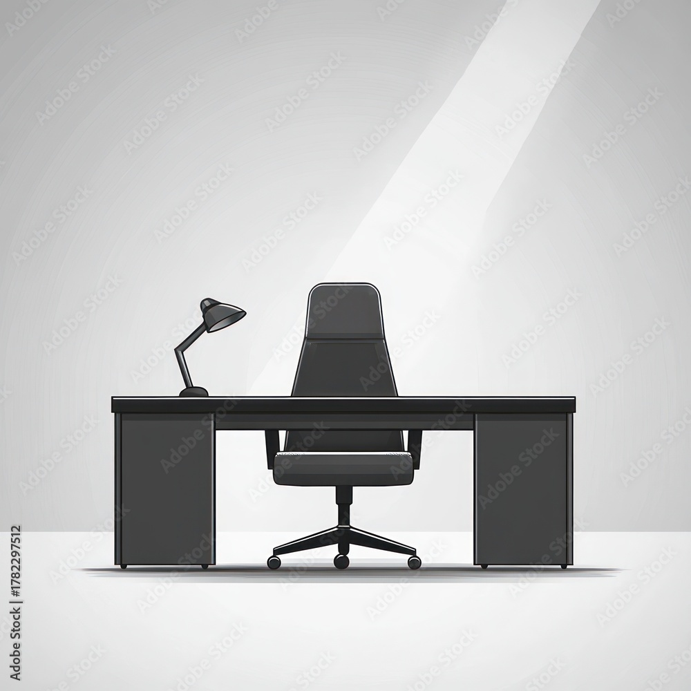Fototapeta premium Modern minimalistic office setup with a black desk, ergonomic office chair, and adjustable desk lamp on a light gray background with soft lighting